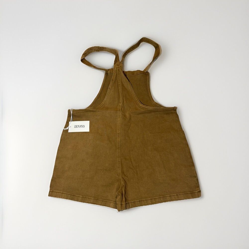 NEW Zenana DMO-1869Y Washed Brown Overall Romper Shorts Utility Pockets L NWT - Picture 3 of 6